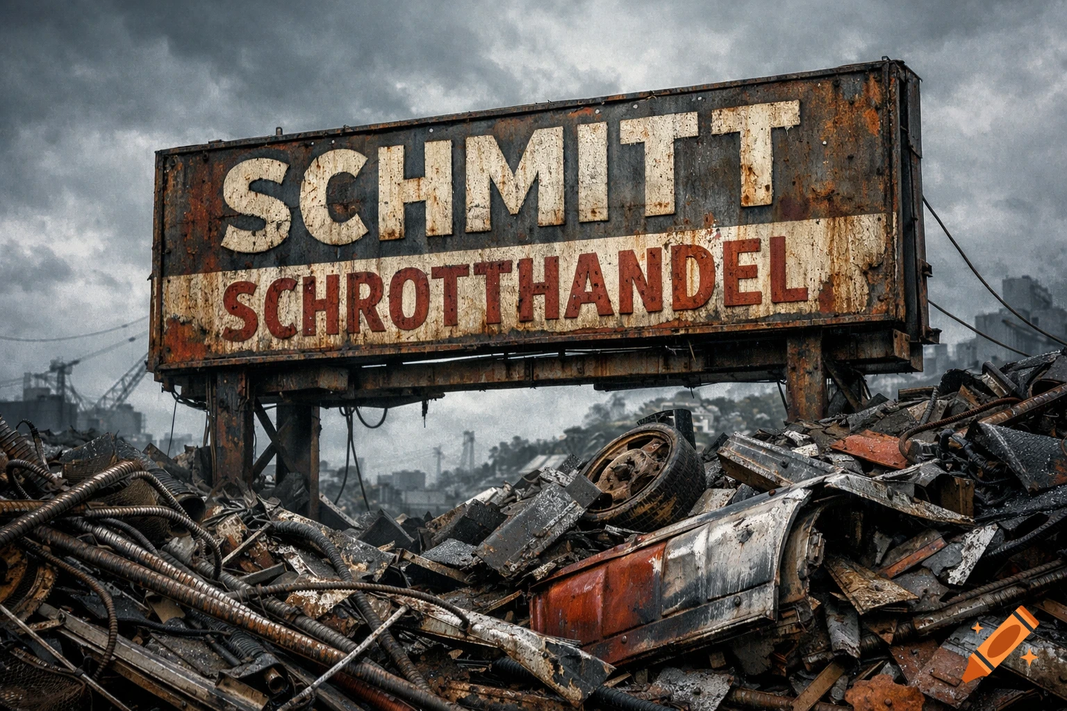 A weathered and rusty sign for "Schmitt Schrotthandel" stands amidst a large pile of scrap metal and debris under a cloudy sky.