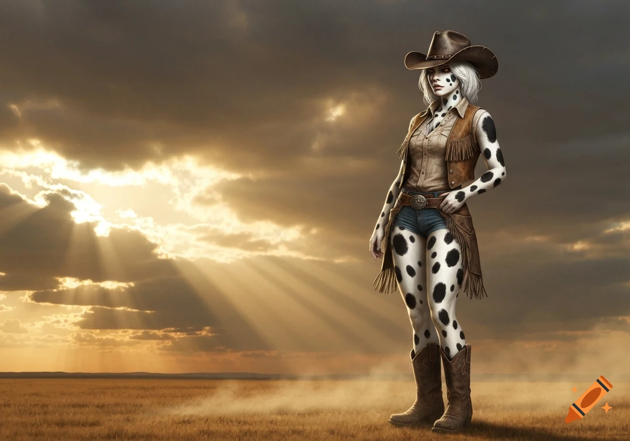A woman with white, black-spotted skin in a cowboy hat, fringed vest, shorts, and boots stands in a golden field under a dramatic, cloudy sky.
