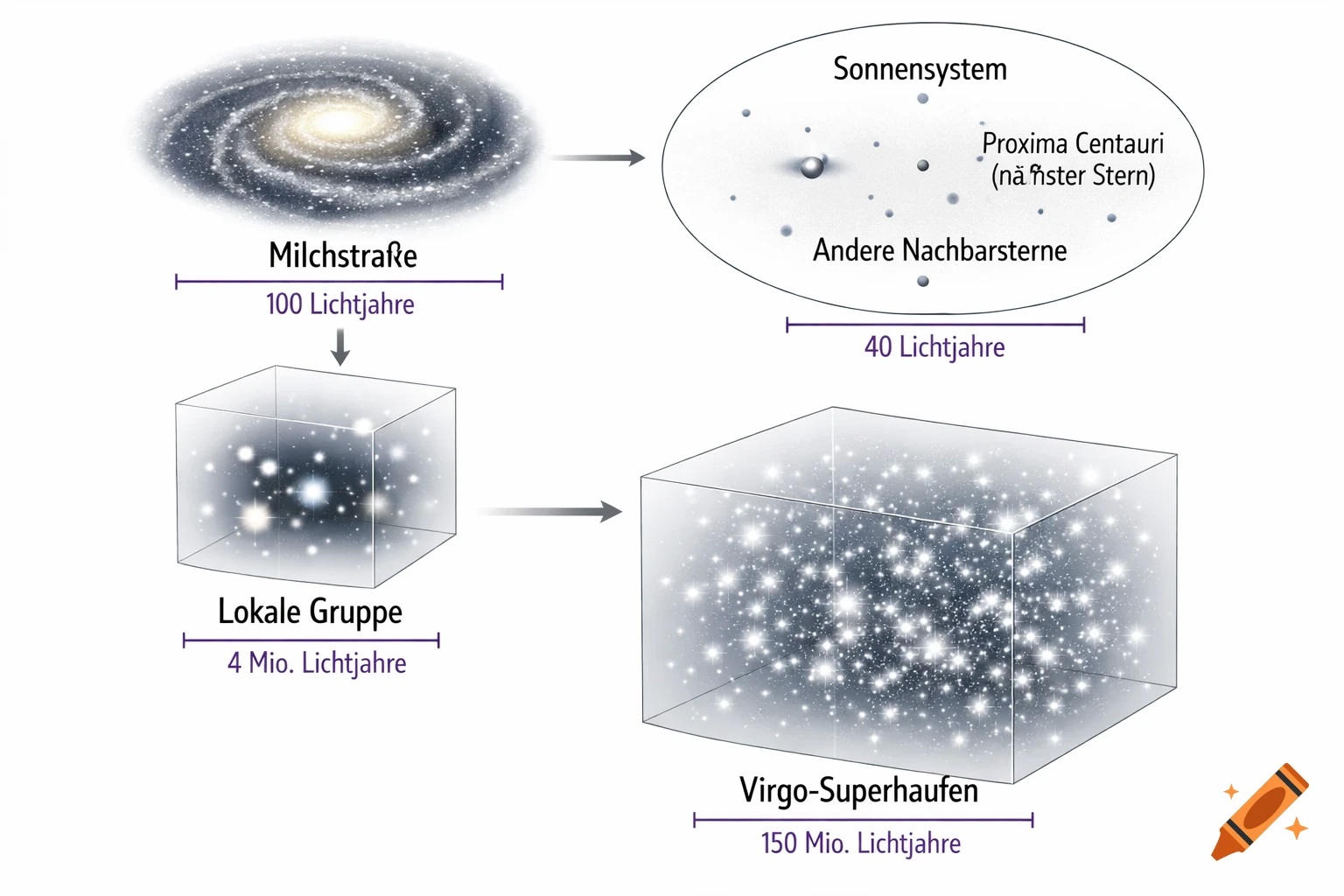 A scientific infographic illustrating the structure of the universe with a spiral galaxy, solar system, local group, and Virgo Supercluster, labeled in German with purple scale bars.