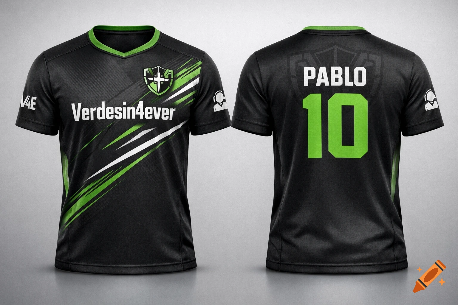 Front and back view of a black esports jersey with green accents, 'Verdesin4ever' logo, 'PABLO' and number '10' on the back.
