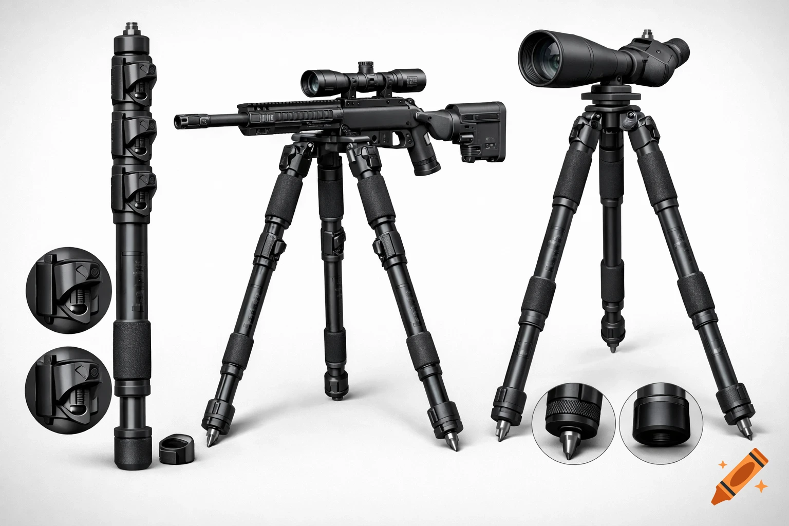 Modular support stick system displayed in three configurations: a walking stick, a bipod for a rifle, and a tripod for a spotting scope, in an engineering style.