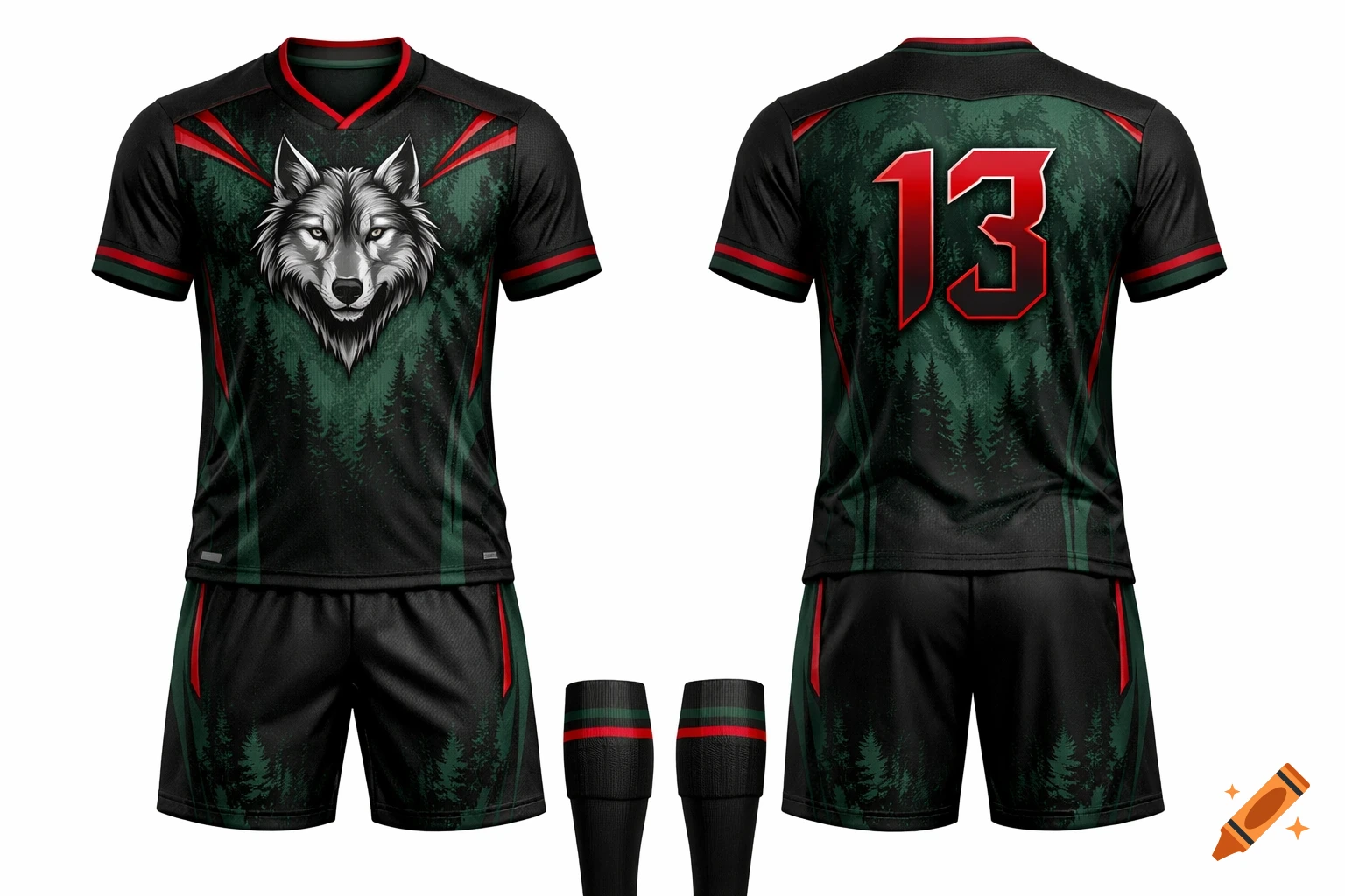 Front and back view of a dark green and black soccer kit with crimson accents, a silver wolf head, forest pattern, and the number 13 on the back.