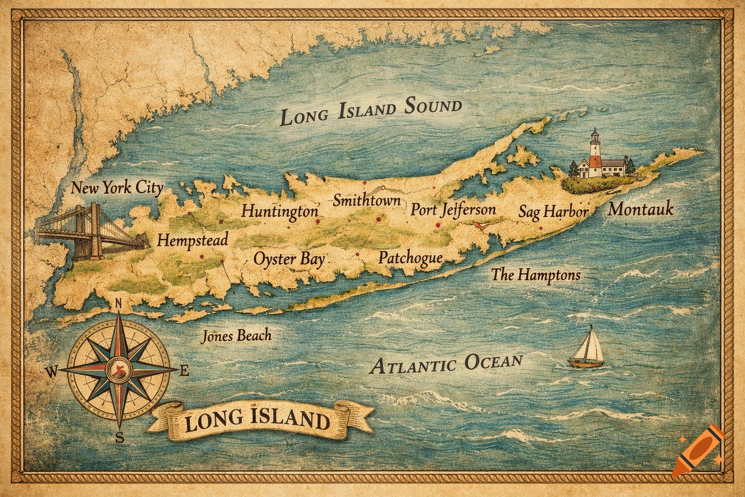 An antique-style map of Long Island, New York, featuring cities, water bodies, a bridge, lighthouse, and sailboat.