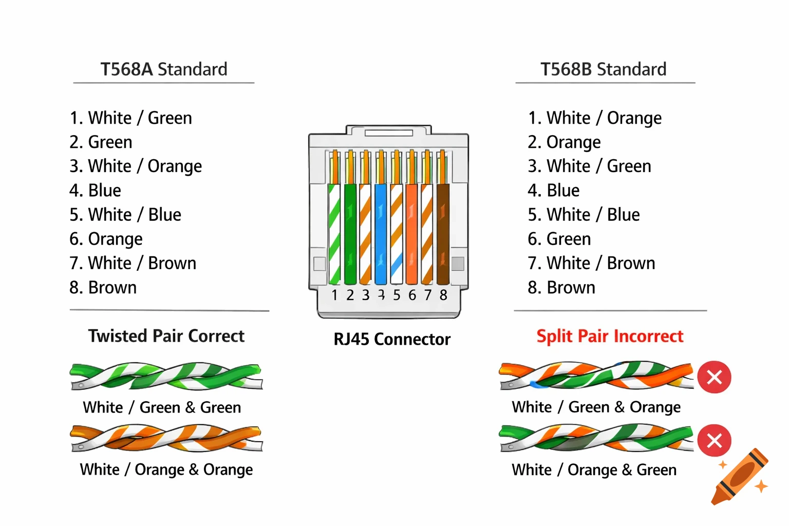 A technical diagram of T568A and T568B Ethernet wiring standards for an RJ45 connector, showing wire color assignments, correct twisted pairs, and incorrect split pairs.
