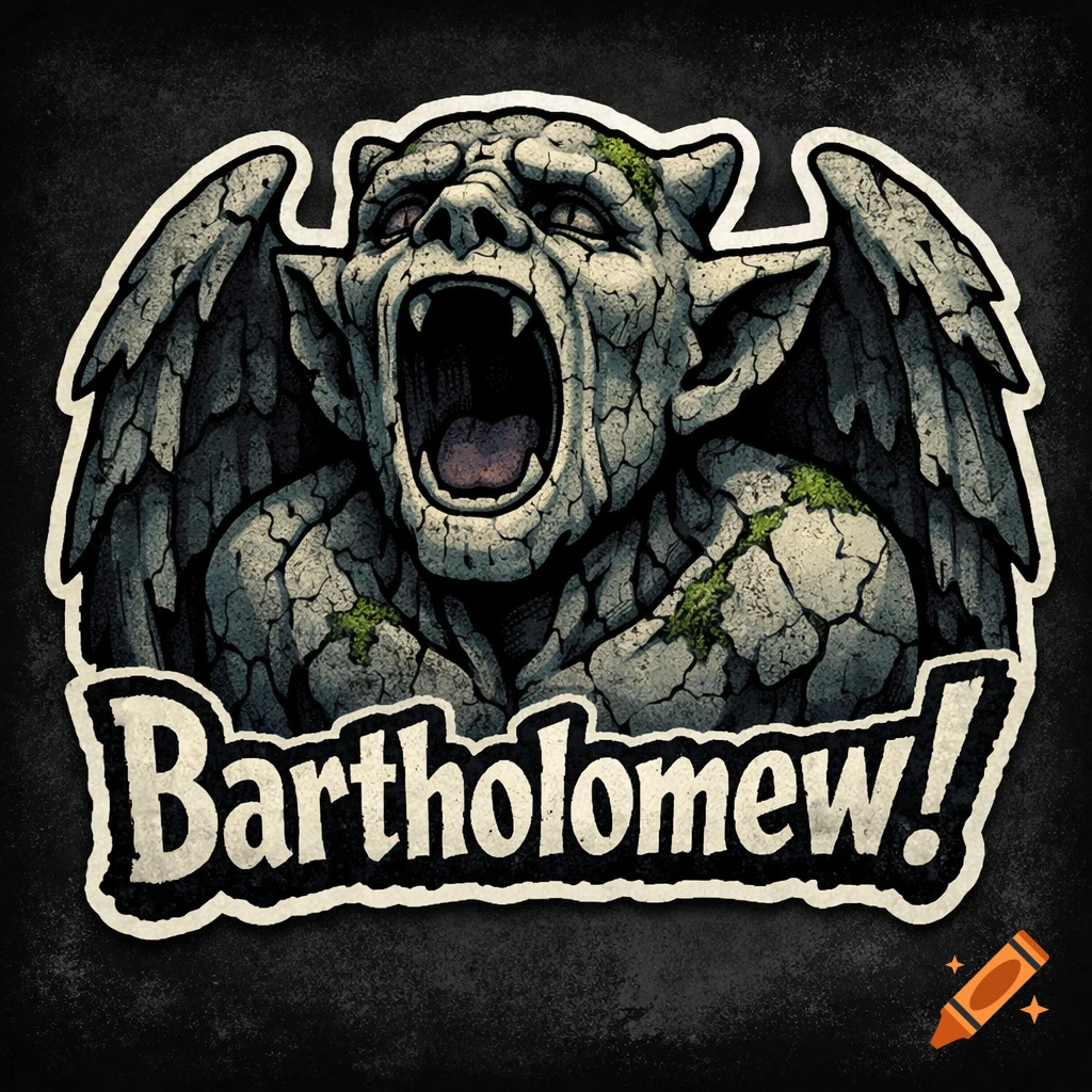 A sticker-style illustration of a screaming stone gargoyle with wings and moss, with 'Bartholomew!' written below.