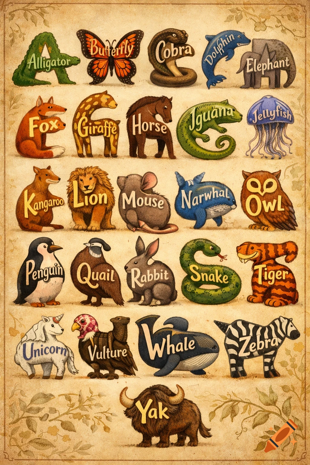 An illustrated animal alphabet chart featuring a different animal for each letter, such as Alligator for A, Butterfly for B, and Cobra for C.