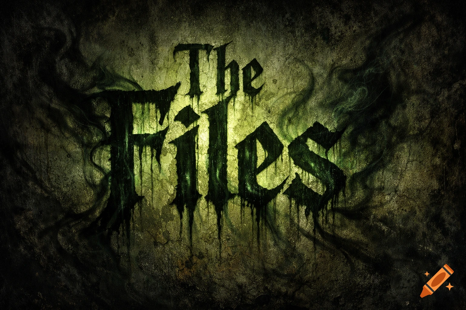 Gothic text reading "The Files" on a cracked, green-tinged wall with dark, smoky wisps.