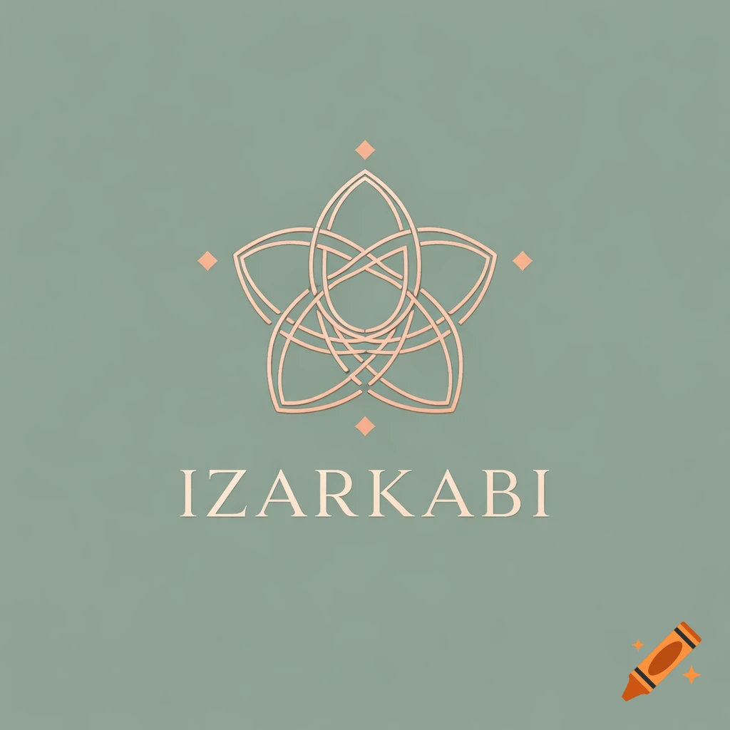 Minimalist rose gold geometric mandala logo with four diamonds on sage green background, text IZARKABI.