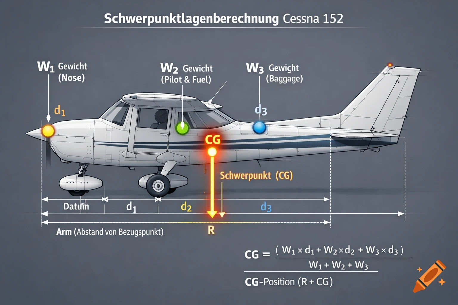 A technical diagram illustrating the center of gravity calculation for a Cessna 152 aircraft, showing labeled weights, distances, and a formula.