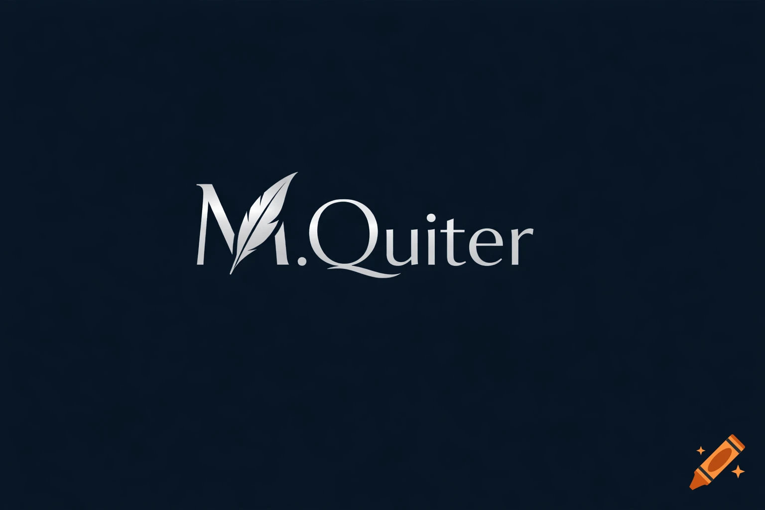 Modern silver M.Quiter logo with a feather replacing part of the 'M', on a dark blue background.
