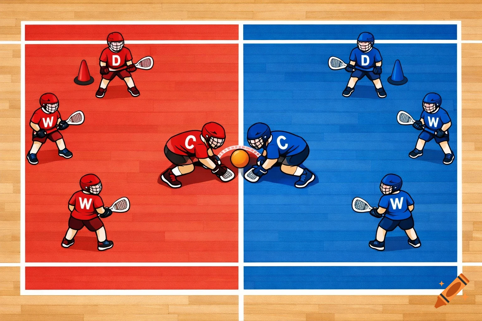 Top-down cartoon diagram of a team game on an indoor court. Red and blue teams face off over an orange ball.