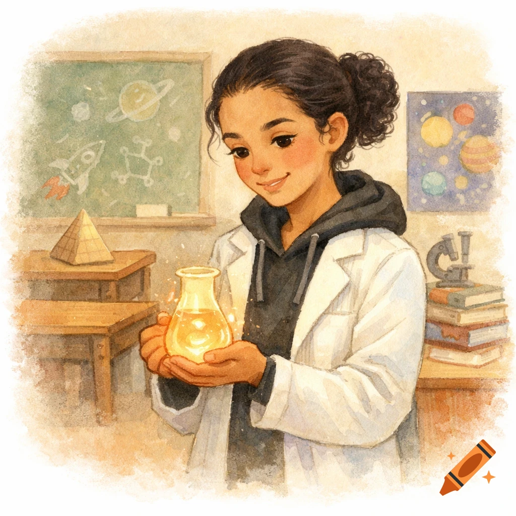 A young female scientist in a lab coat holds a glowing beaker in a watercolor classroom with a blackboard and planet posters.