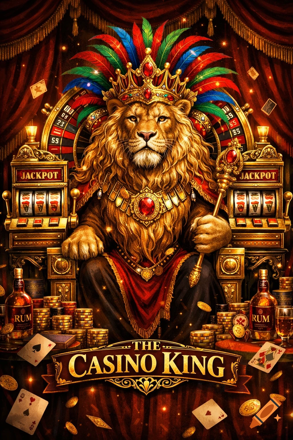A majestic lion king with a golden crown and colorful feathers, surrounded by casino elements: slot machines, roulette, cards, rum, and 'The Casino King' banner.