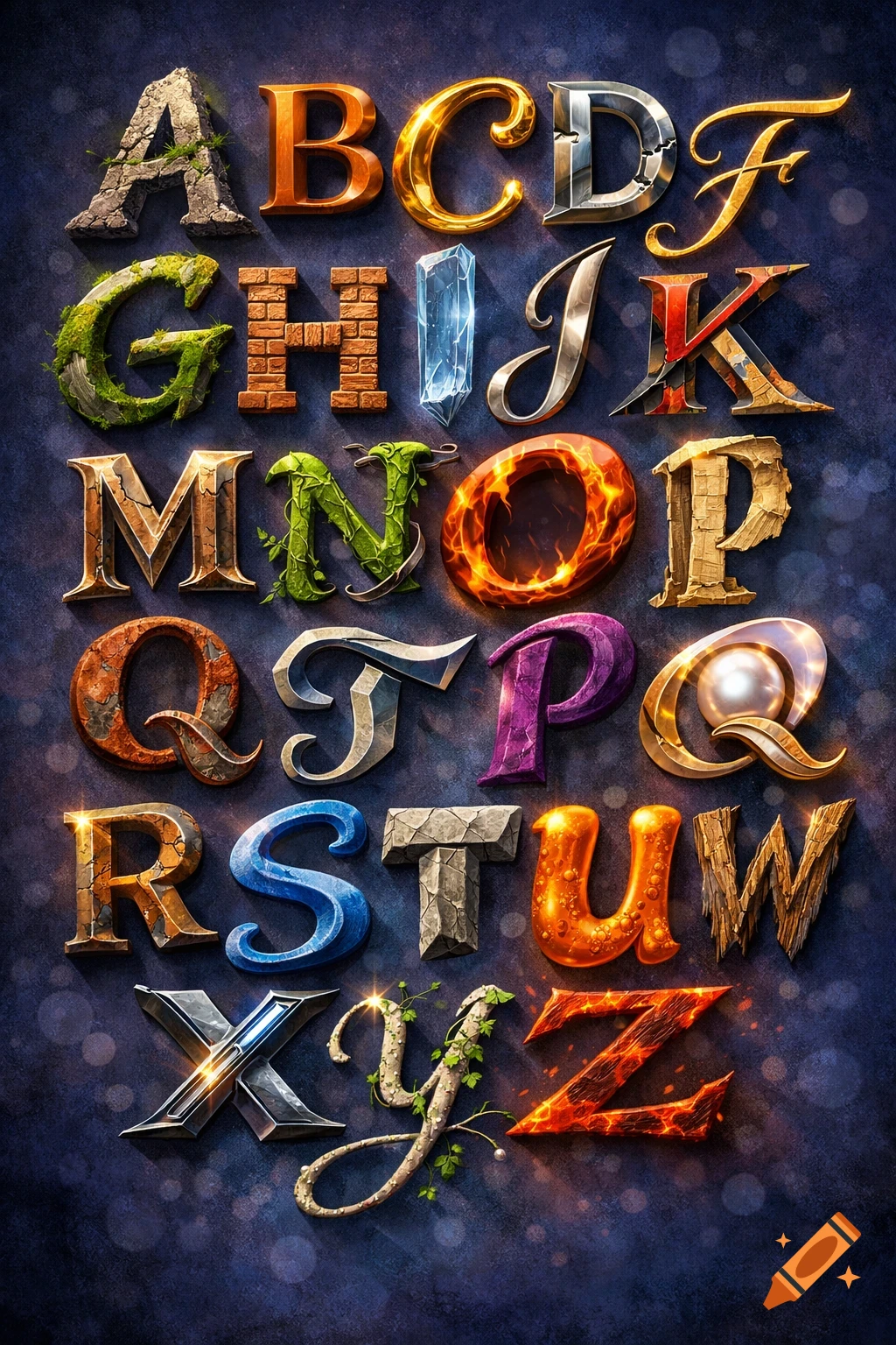 The English alphabet, A through Z, with each letter uniquely textured in styles like stone, gold, brick, moss, ice, fire, and wood on a dark background.