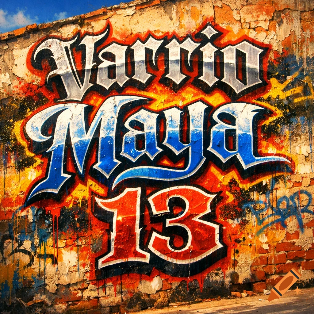 A vibrant old school graffiti mural reading "Varrio Maya 13" on a textured brick wall under a blue sky.