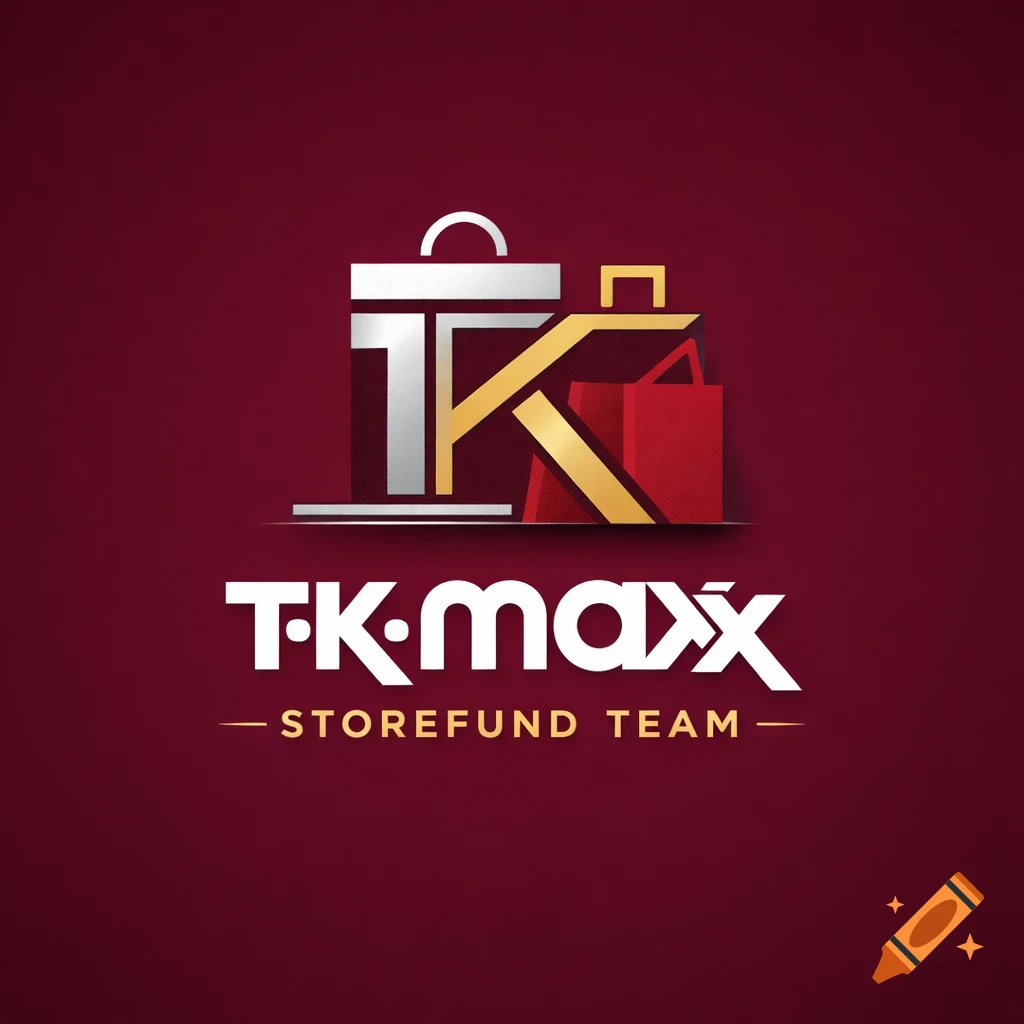 A logo for T.K.maxx Storefund Team featuring stylized silver and gold letters T and K, with red shopping bags, on a deep red background.