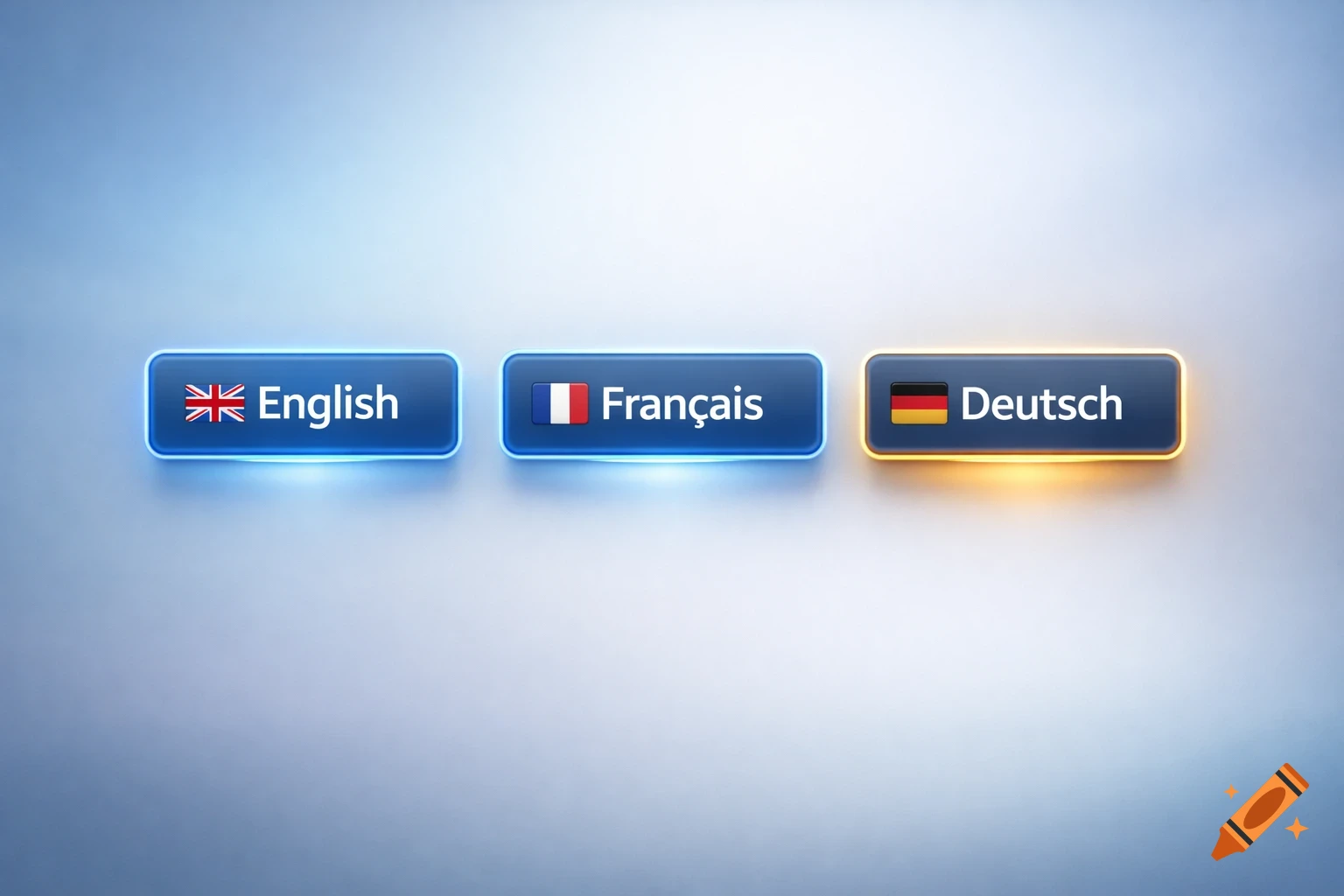 Digital rendering of three glowing language selection buttons: English (UK), Français (France), and Deutsch (Germany).
