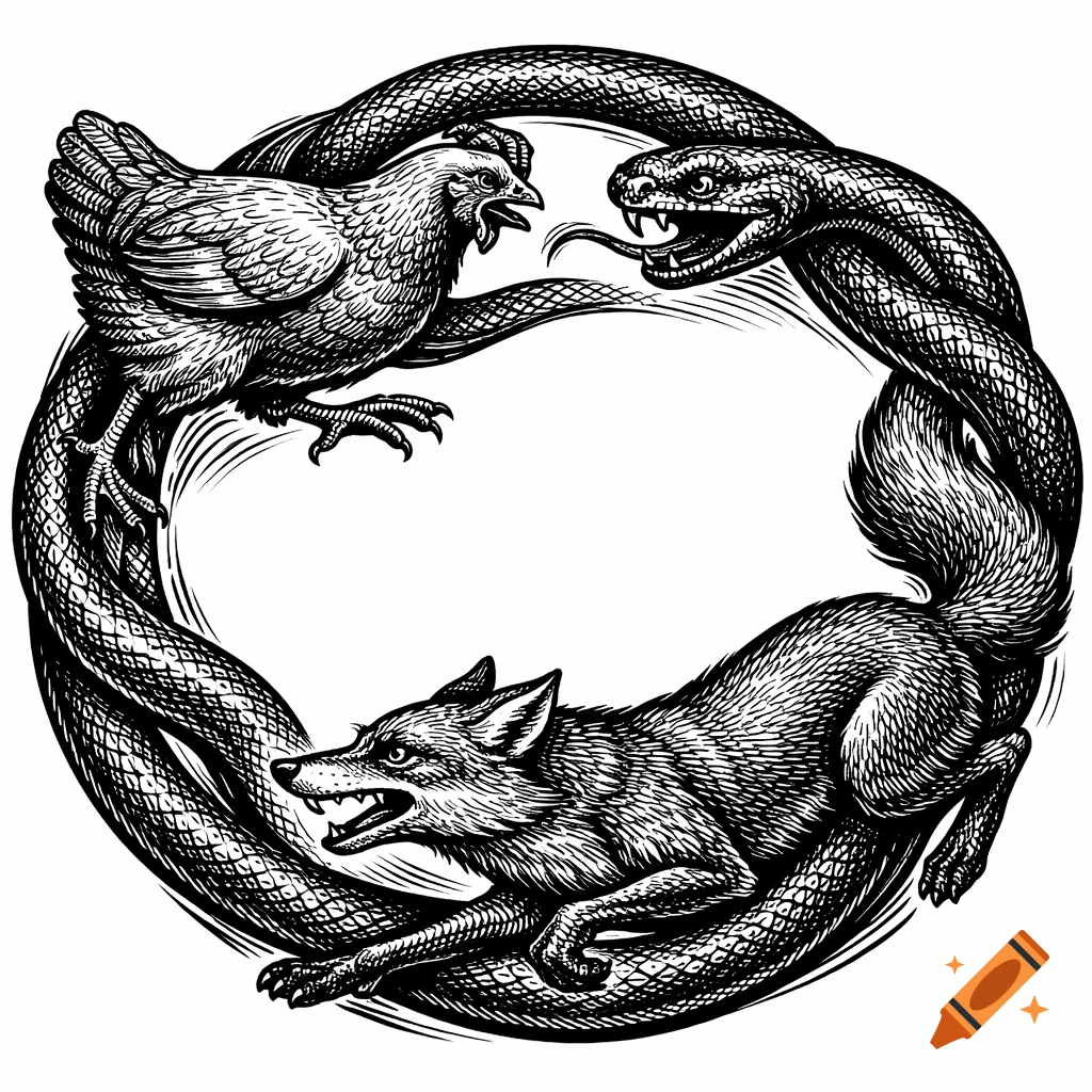Engraving style logo of a chicken chasing a snake, a snake chasing a fox, and a fox chasing the chicken, forming a circular design.