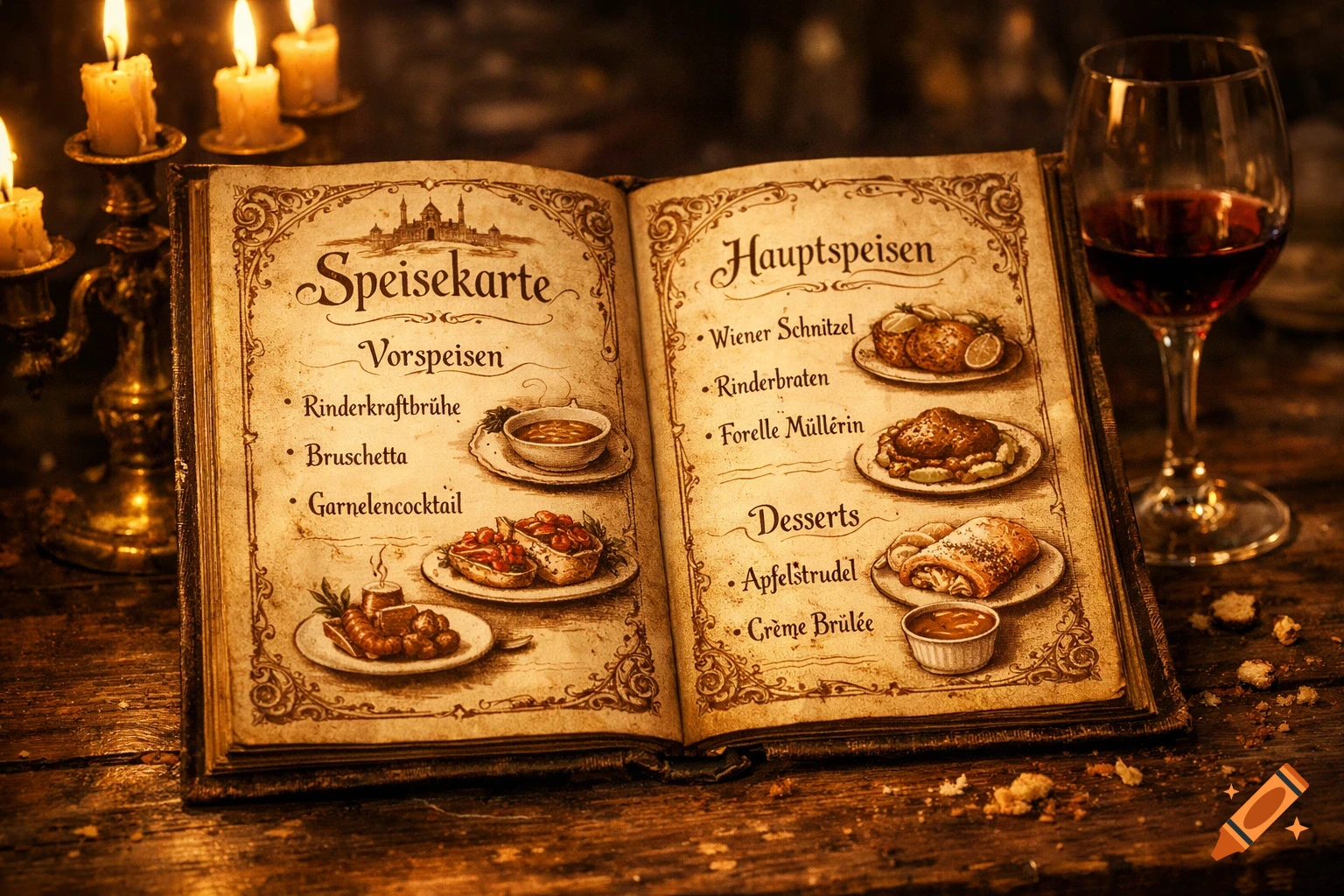 An old, ornate open menu displaying illustrated German dishes, illuminated by candlelight, next to a glass of red wine on a wooden table.