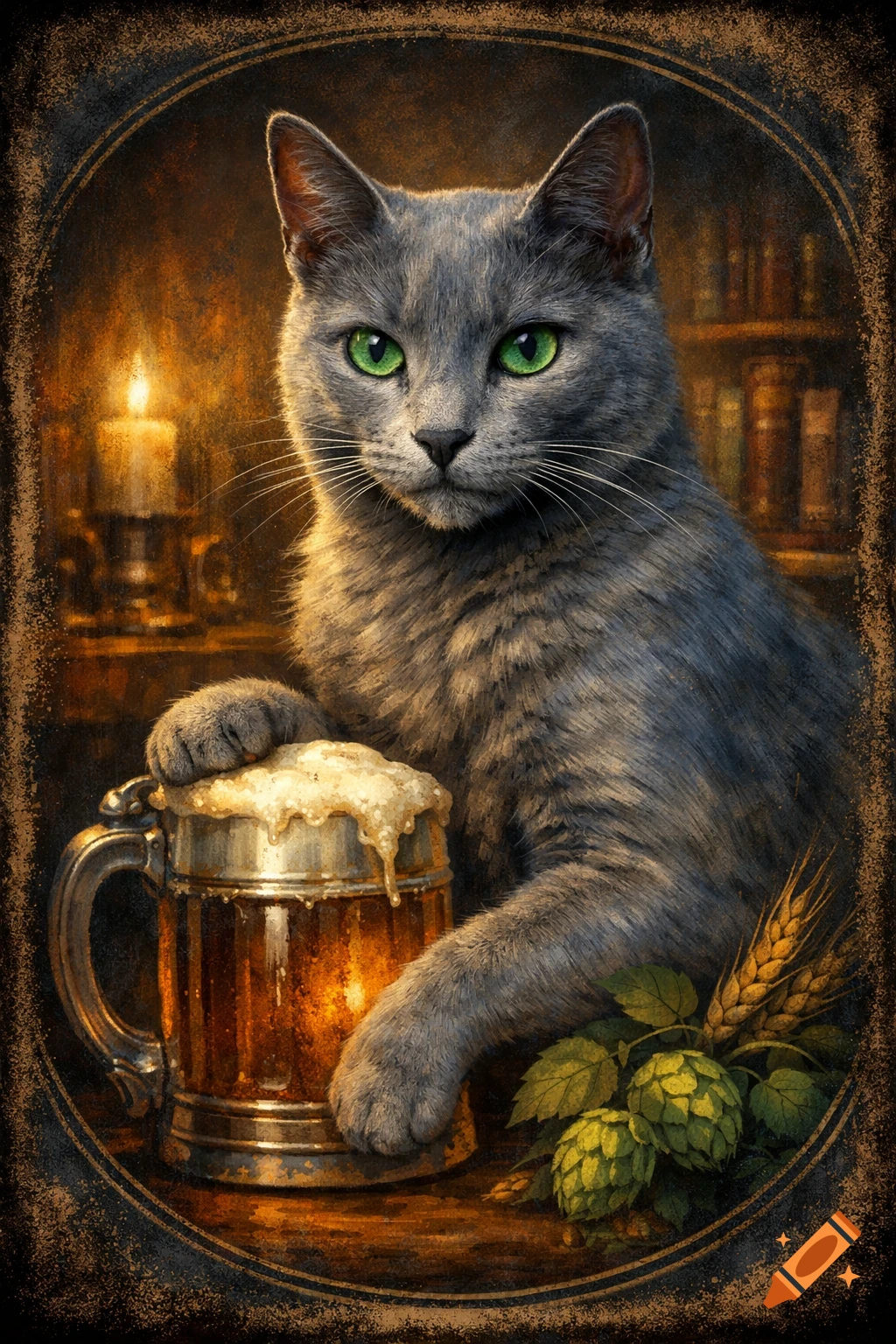 A majestic gray Russian Blue cat with bright green eyes rests a paw on a frothy beer mug in a candlelit, vintage pub setting.