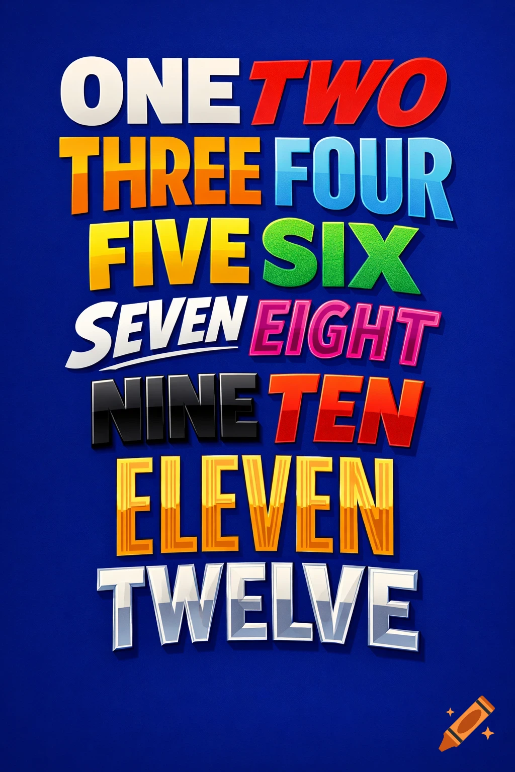 Colorful, stylized words for numbers one through twelve stacked vertically on a blue background.