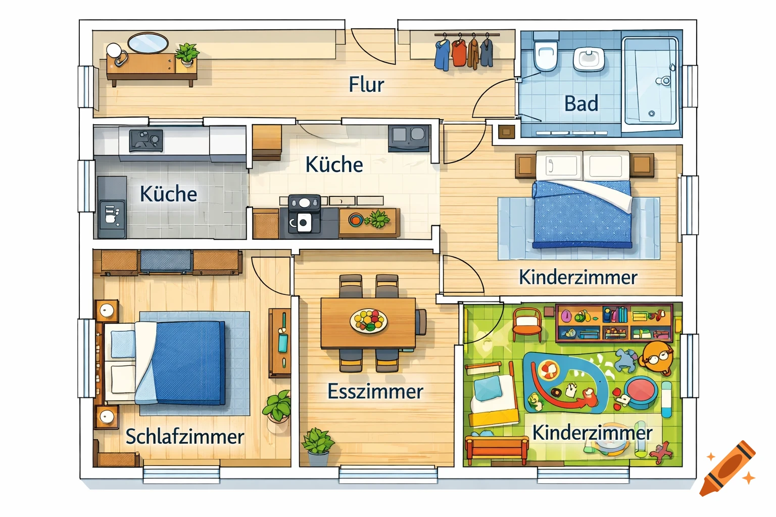 Colorful illustrated top-down floor plan of an apartment with a hallway, kitchen, bathroom, bedroom, dining room, and two children's rooms.