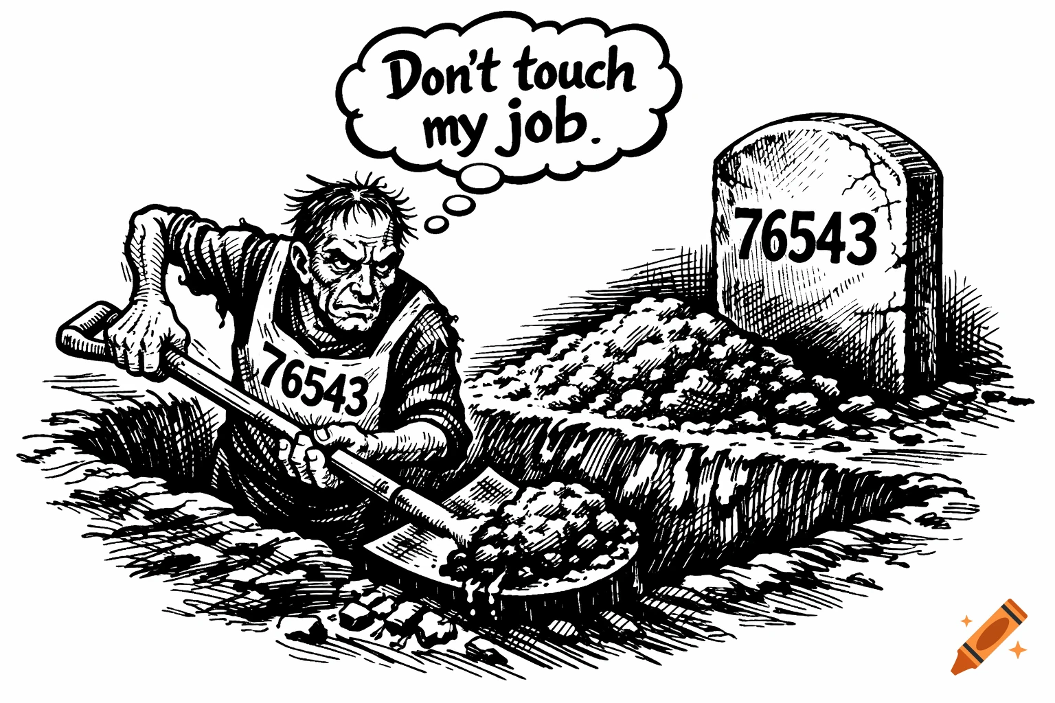 Black and white cartoon of a man digging a grave, wearing a bib with '76543'. A tombstone nearby has '76543'. A thought bubble says 'Don't touch my job'.