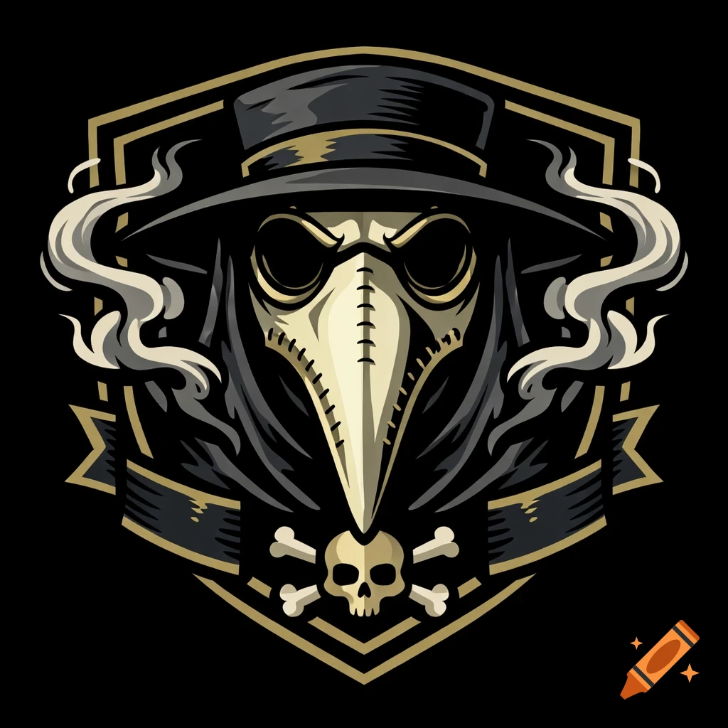 Stylized emblem featuring a plague doctor mask with a wide-brimmed hat, a skull and crossbones, and smoke swirls, set within a gold-bordered shield on a black background.