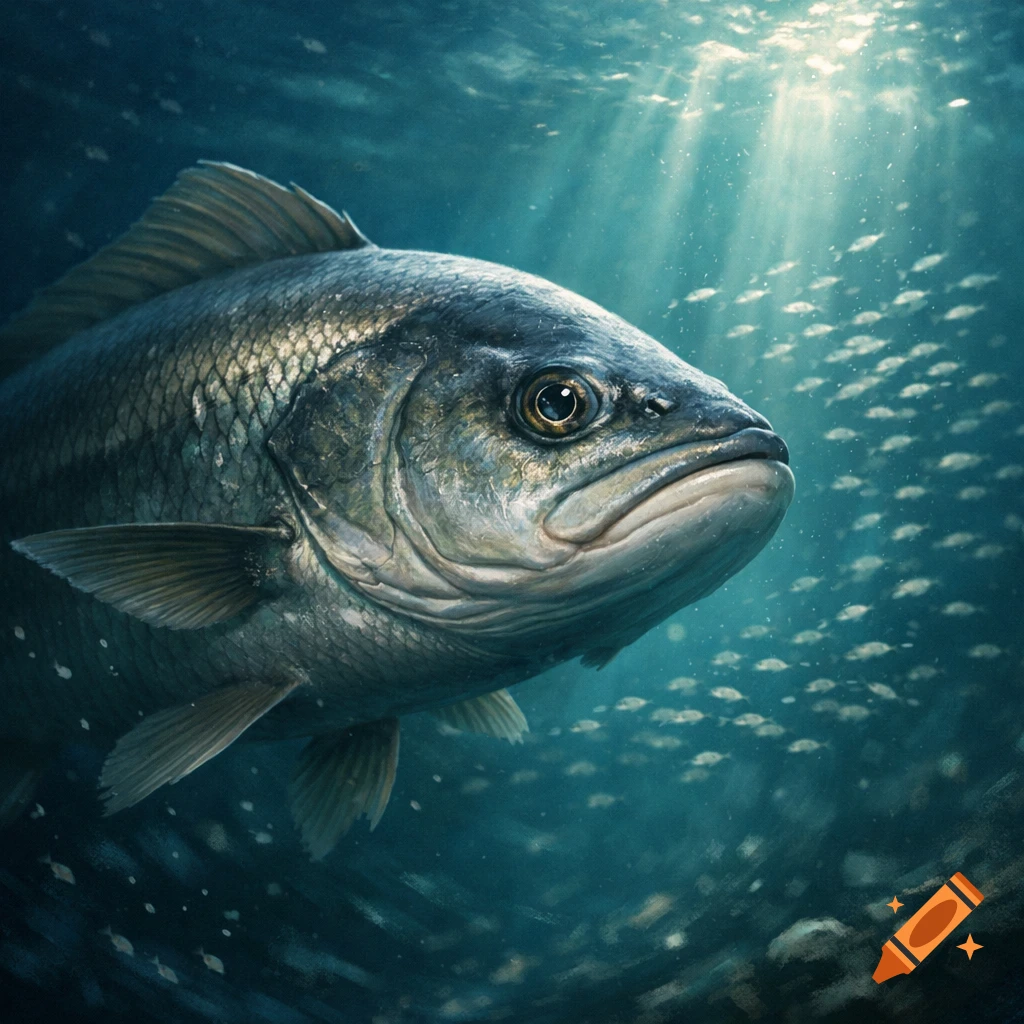 A detailed, photorealistic fish swims underwater, with schools of tiny fish in the blurry background and sun rays piercing the surface.