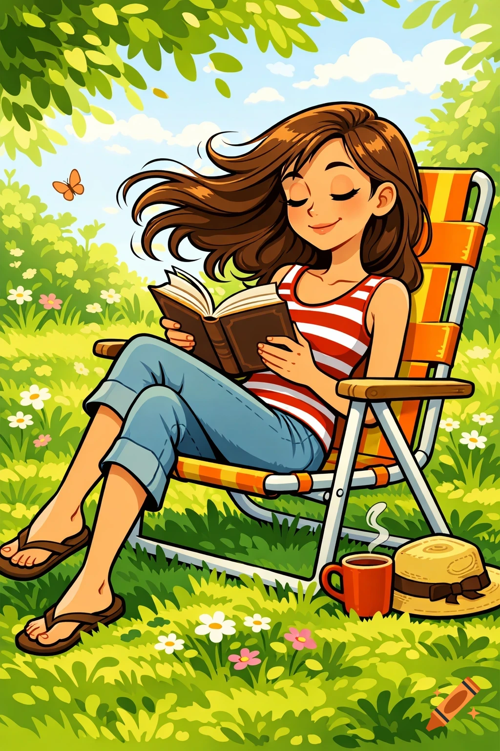 Cartoon woman with brown hair sits in a lawn chair, reading a book outdoors in a grassy park with flowers and trees.