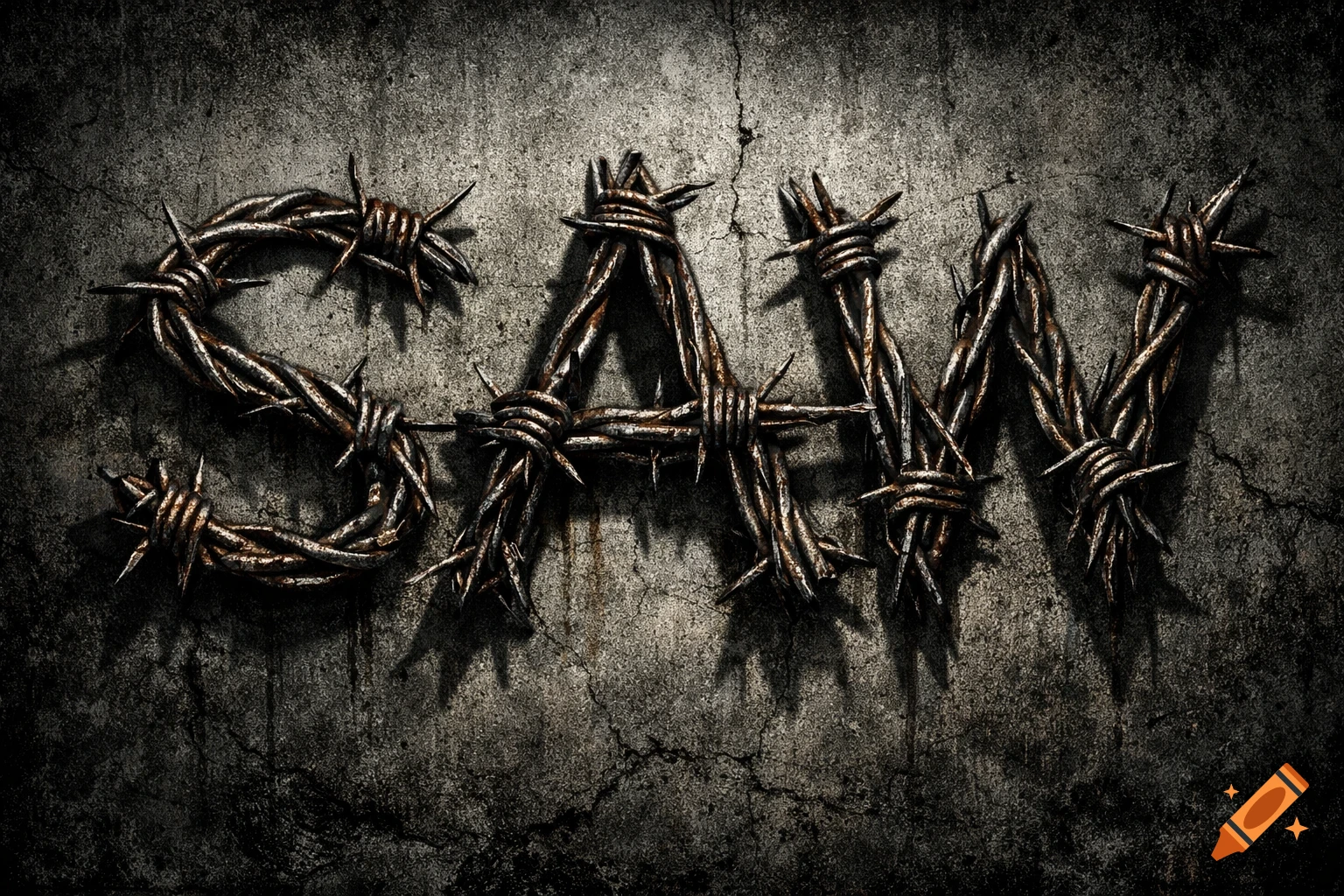 The word 'SAW' formed from rusty barbed wire against a dark, cracked concrete wall in a gritty, ominous style.