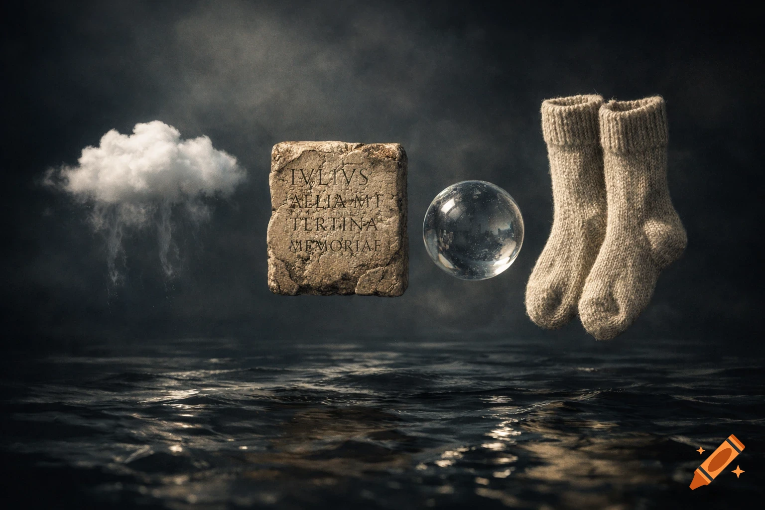 Surreal composition with a raining cloud, inscribed stone tablet, crystal ball, and knitted socks floating above dark, agitated water.