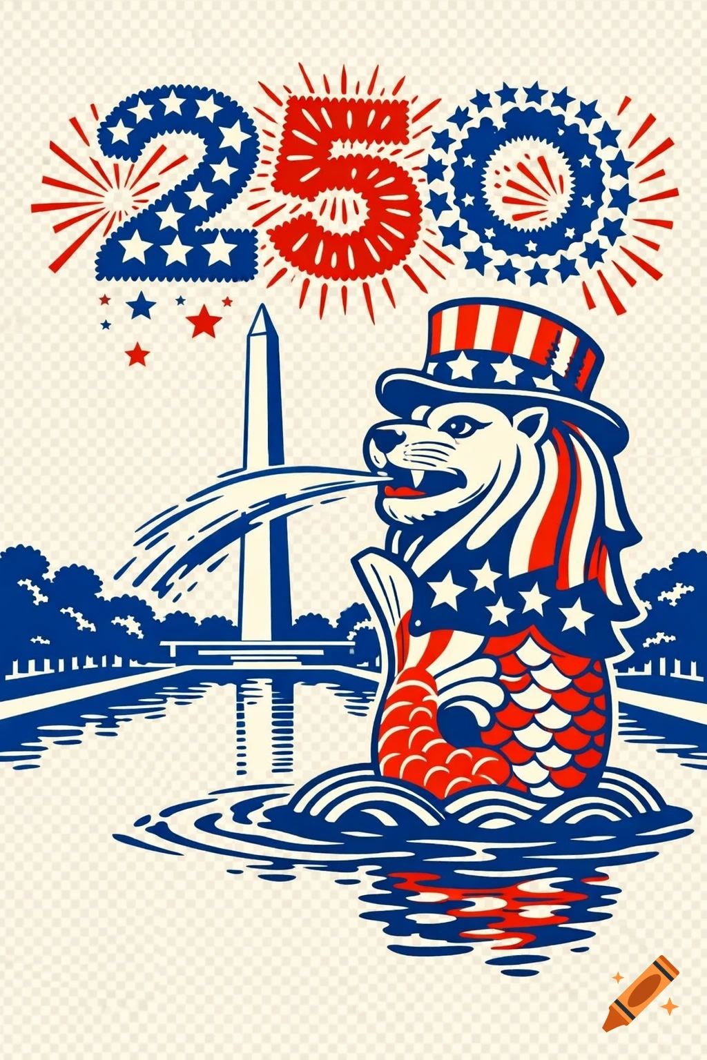1980s mascot style illustration of a patriotic Merlion in a top hat in a reflecting pool with the Washington Monument and '250' fireworks.