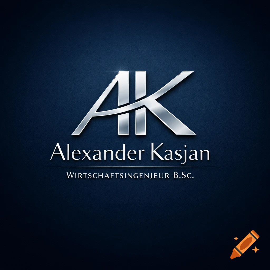 A silver metallic logo with intertwined 'AK' initials, 'Alexander Kasjan', and 'WIRTSCHAFTSINGENIEUR B.Sc.' on a dark blue background.