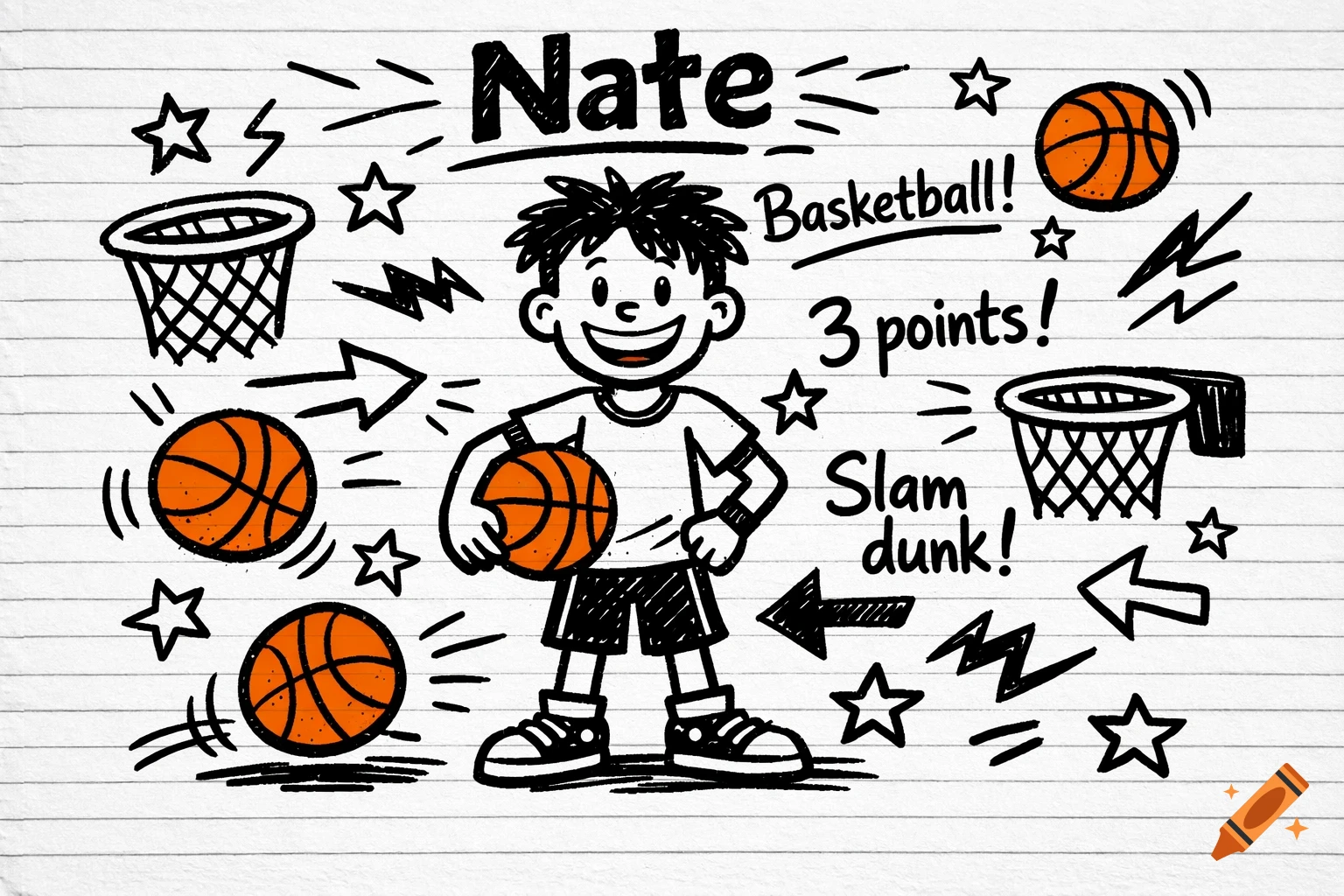 Doodle illustration on notebook paper of a smiling boy named Nate holding a basketball, surrounded by hoops, balls, stars, and text.
