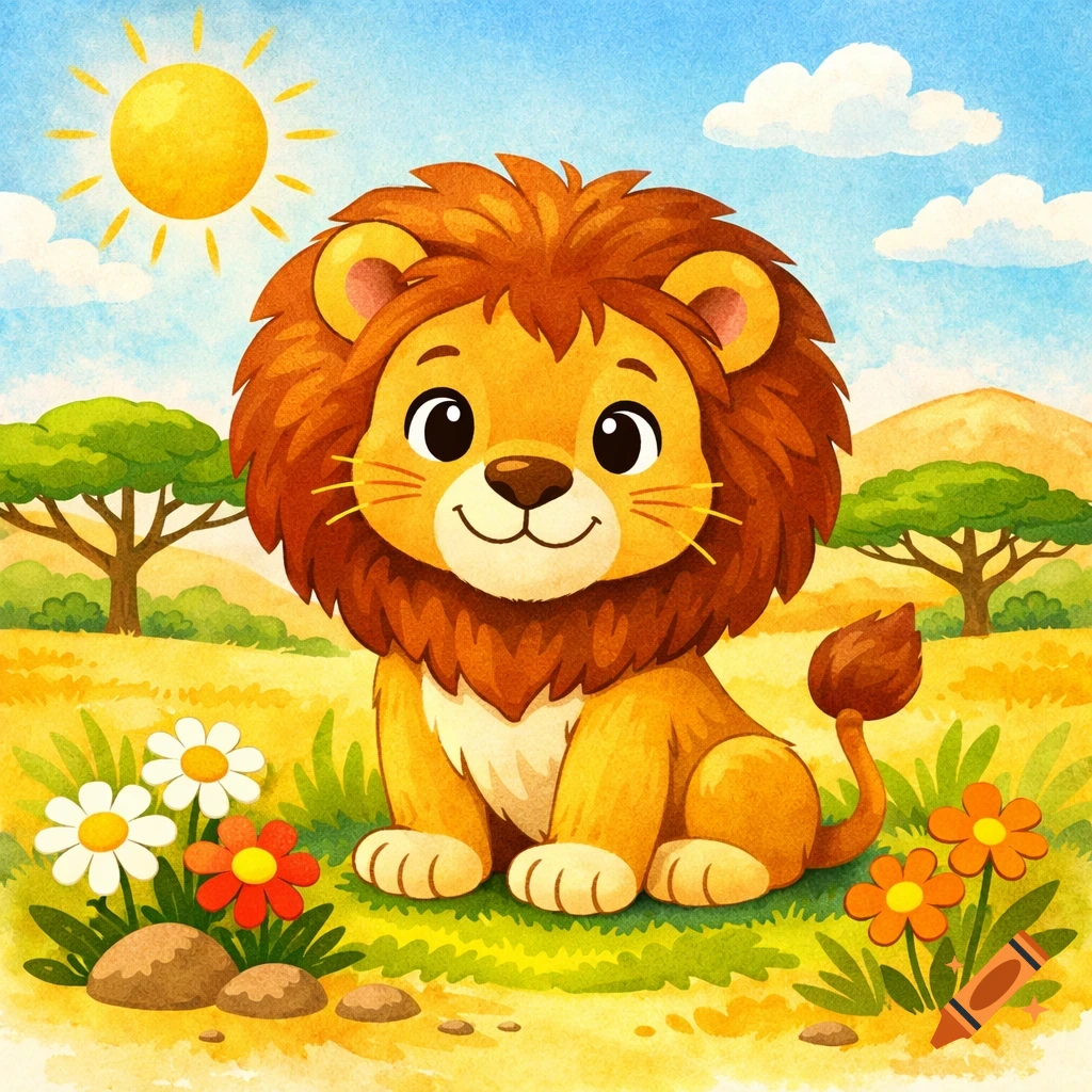 A friendly cartoon lion in a sunny watercolor savanna with trees and flowers.