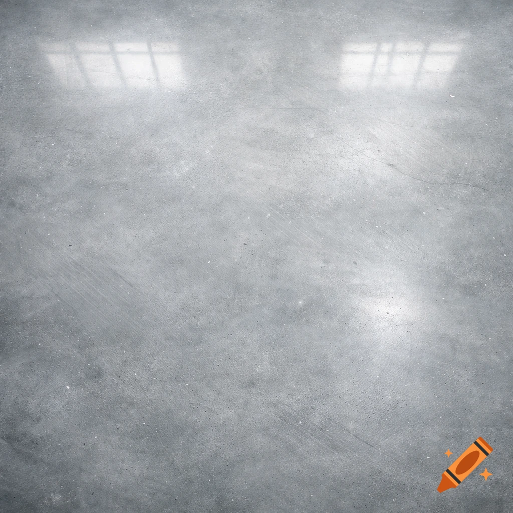 Close-up of a grey concrete floor with subtle texture and window reflections.