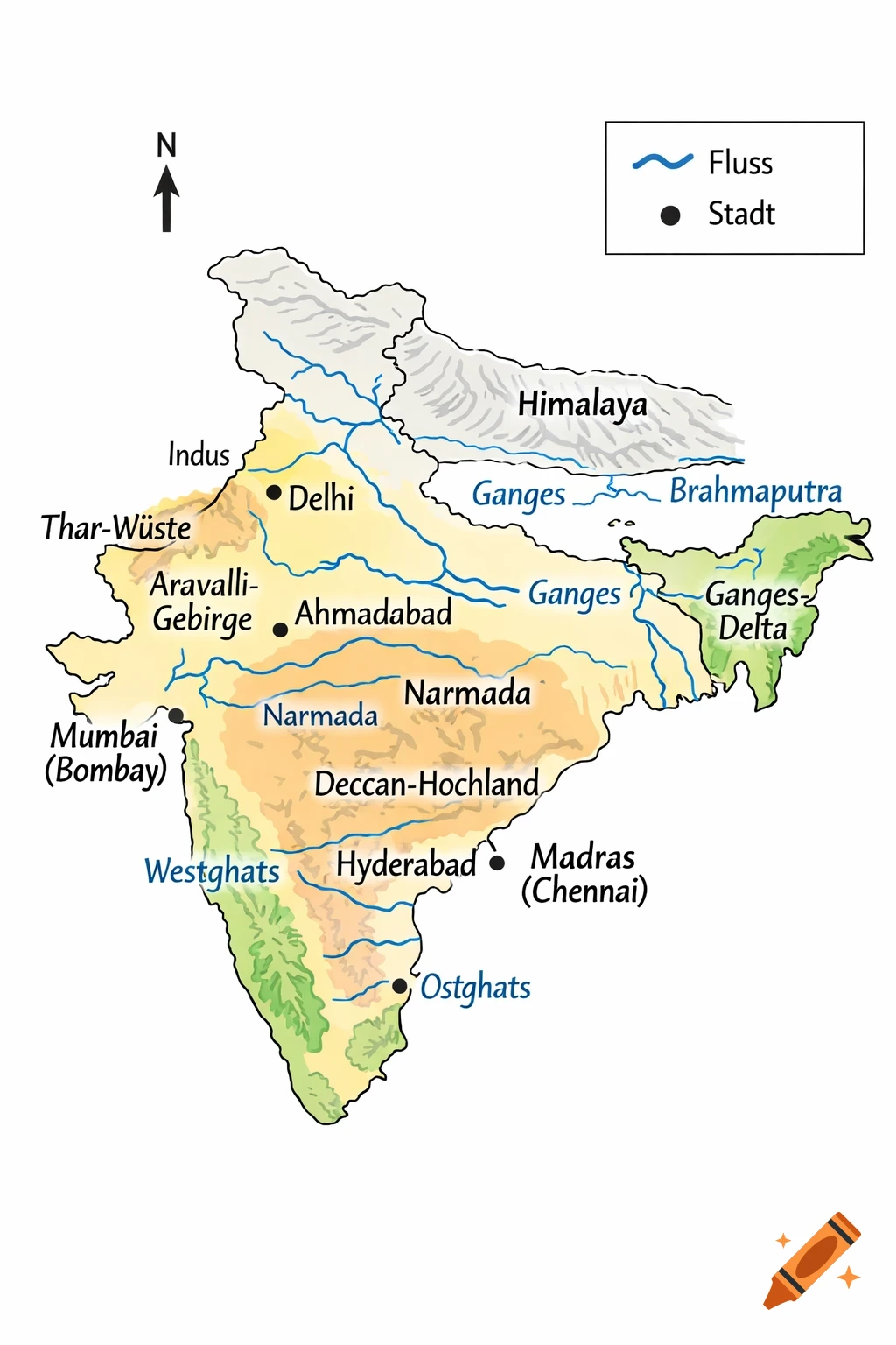 A simplified, hand-drawn physical map of India with major rivers, mountain ranges, deserts, and cities labeled in German, along with a north arrow and legend.