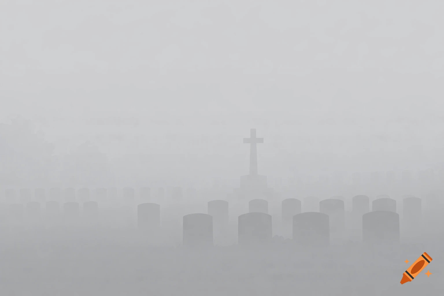 Minimalist, monochromatic image of a foggy war cemetery with gravestones and a cross shrouded in mist.