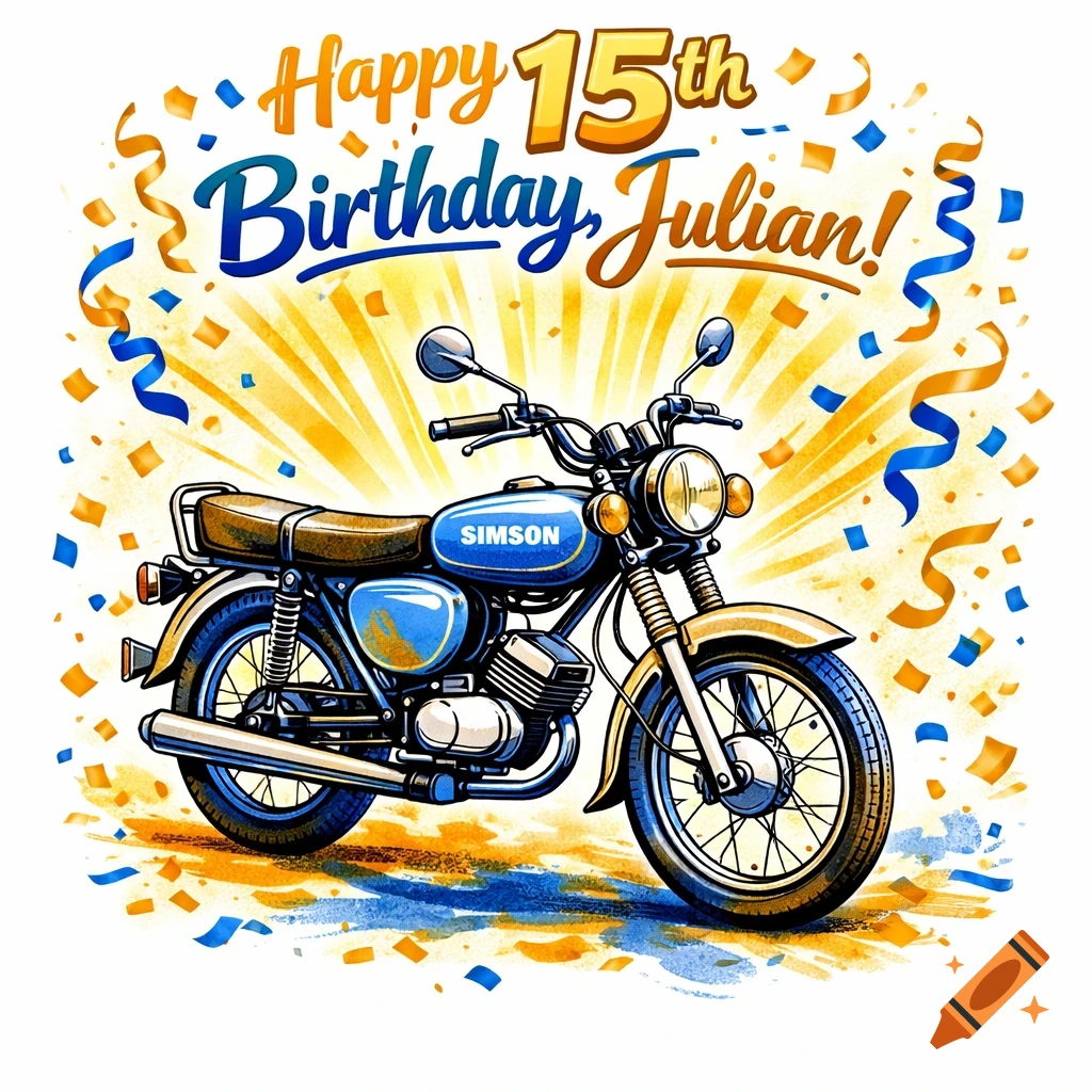 A blue and gold vintage-style Simson motorcycle illustration on a white background, surrounded by yellow and blue confetti and streamers, with "Happy 15th Birthday, Julian!" text above.
