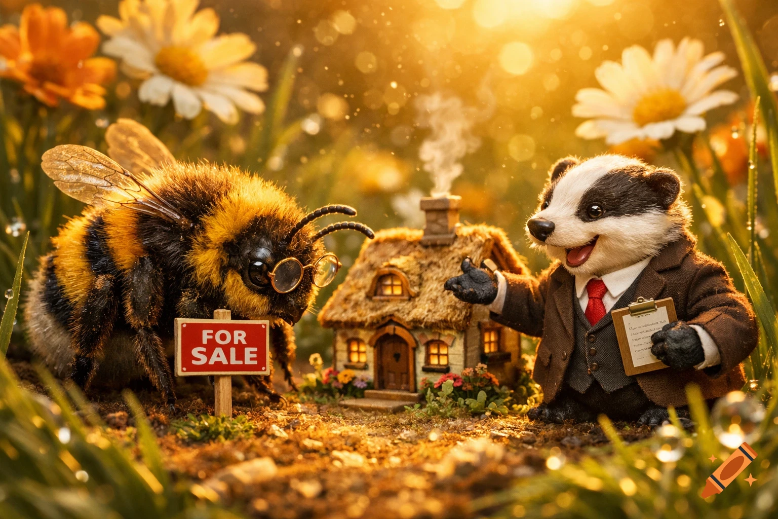 A fluffy bumblebee in glasses looks at a miniature cottage with a 'FOR SALE' sign, while a badger realtor in a suit gestures beside it, in a sunlit garden.