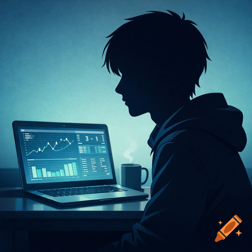 Anime-inspired digital art of a dark silhouette of a person in a hoodie looking at a laptop displaying charts and '3-1', with a steaming mug beside it, in blue and green tones.