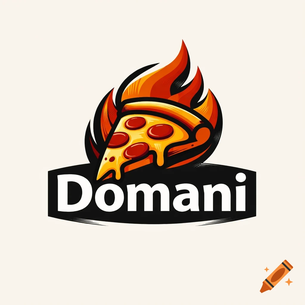 A vibrant logo featuring a slice of pizza on fire, with the word 'Domani' in white text on a black banner below.