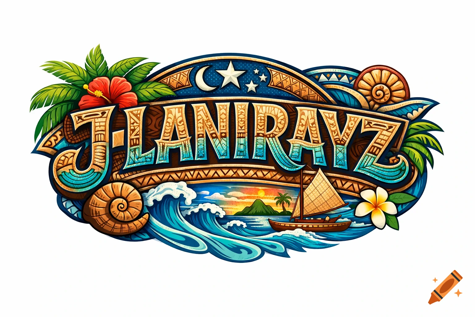 Stylized J-LANIRAYZ logo with tropical hibiscus, palm leaves, seashells, waves, island, boat, and Chuukese designs.