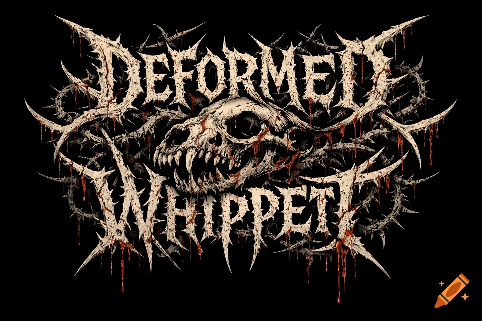 Death metal logo for Deformed Whippet with a skeletal animal head, thorny vines, and dripping blood.