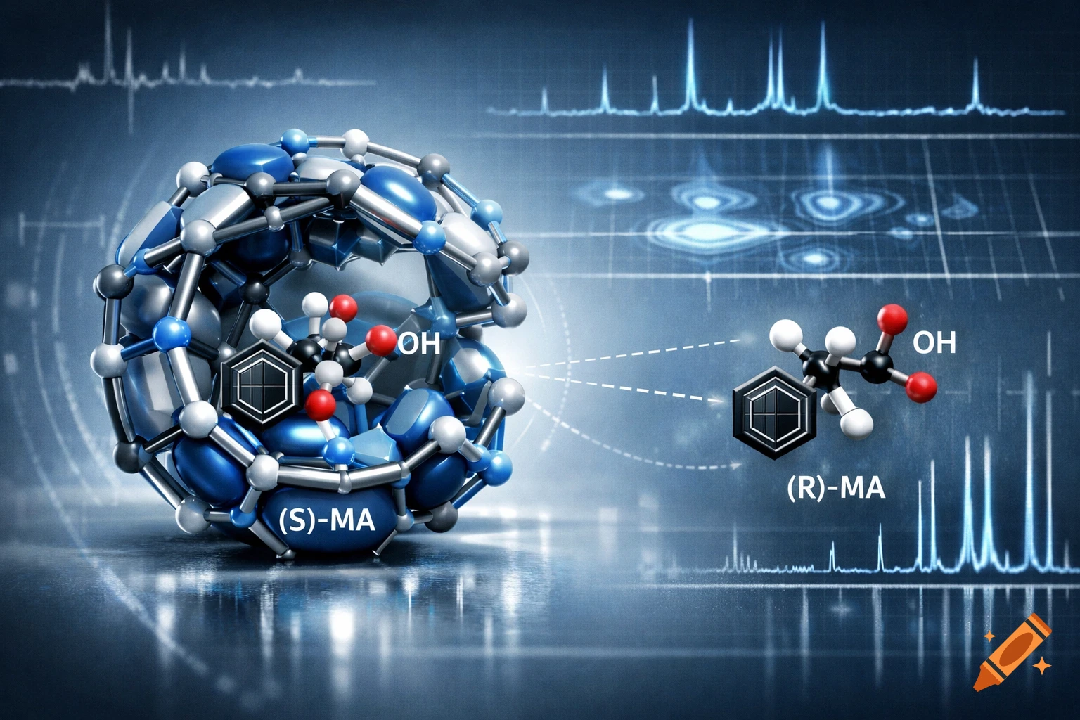 3D illustration of two molecular structures, (S)-MA and (R)-MA, with OH labels, connected to a larger blue and silver cage molecule, on a scientific data background.