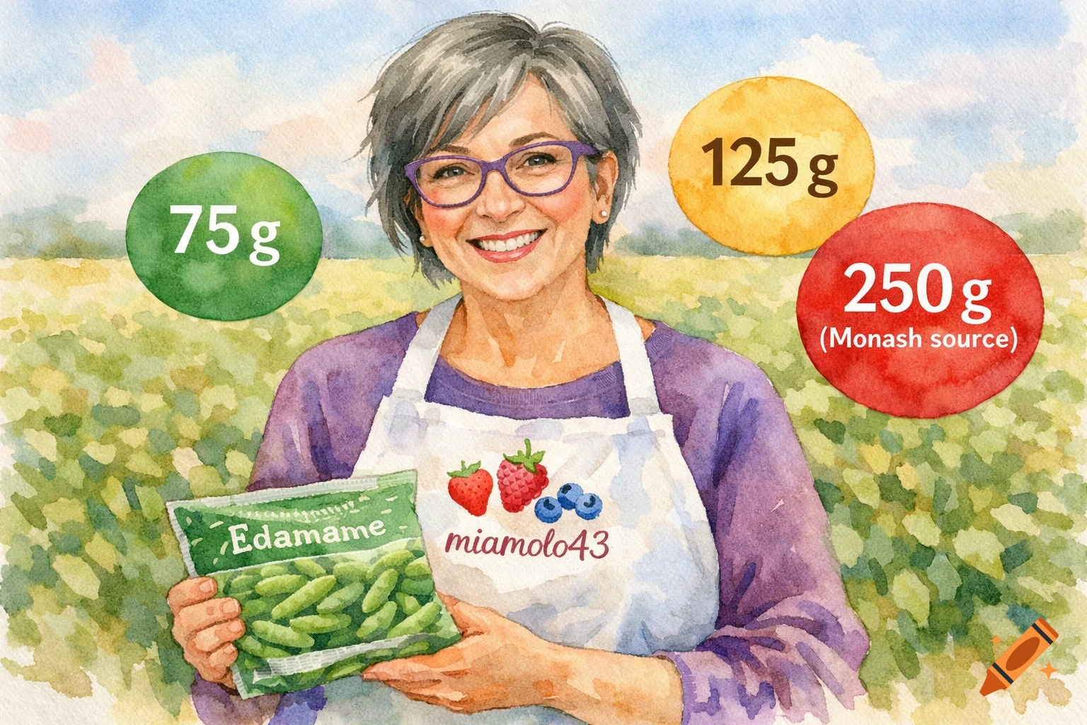 Watercolor of a smiling woman in an apron holding frozen edamame, with nutrition circles showing 75g, 125g, 250g in a field.