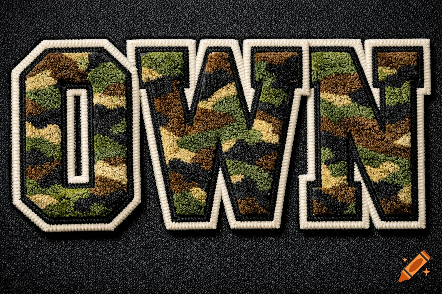 The word OWN in capital camouflage varsity chenille patch letters on a dark textured background.