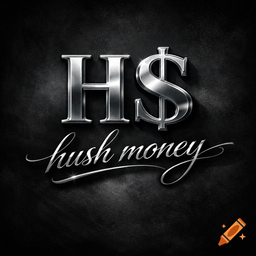Metallic silver 'H$' with 'hush money' written below in elegant cursive on a dark, textured background.