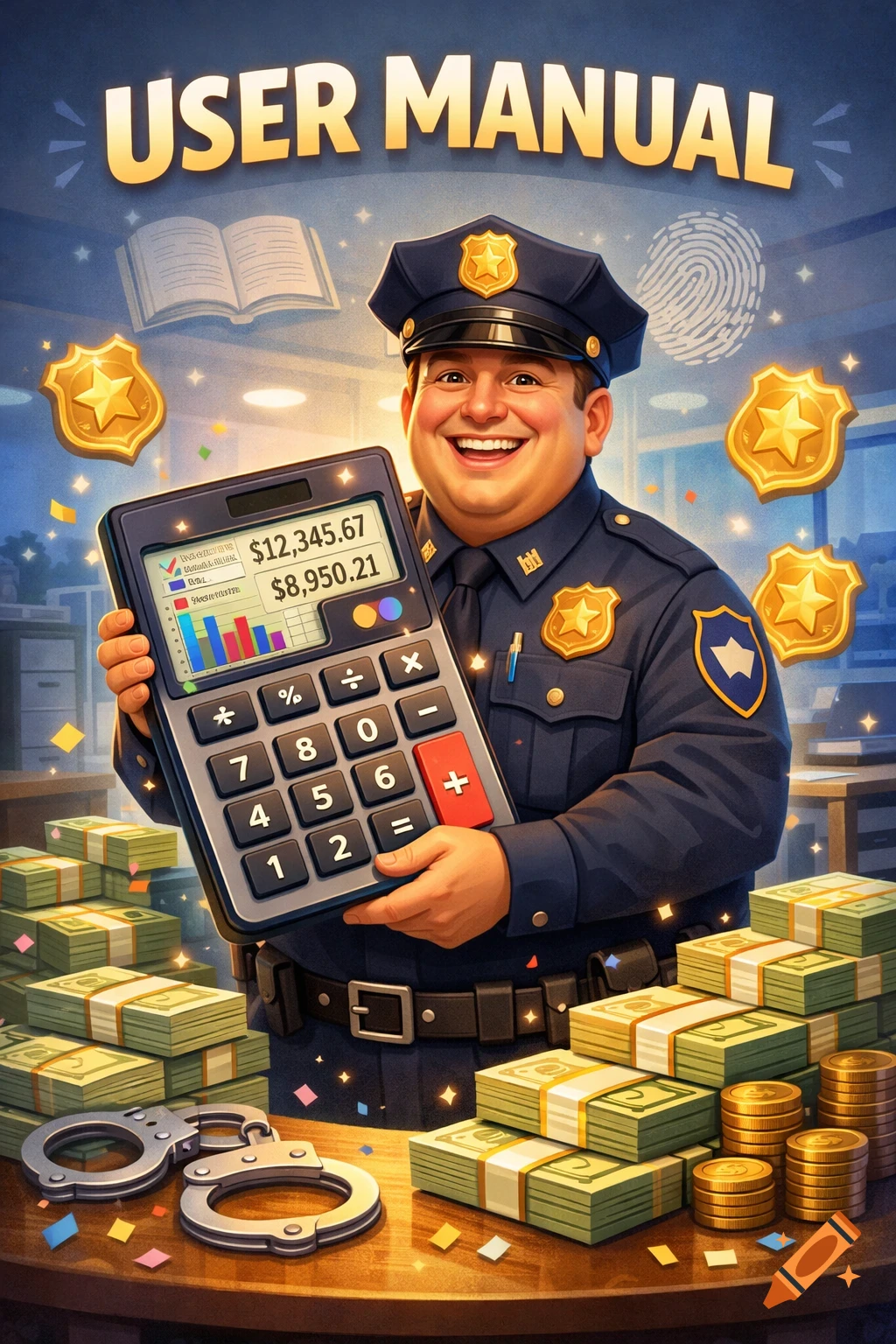 A cheerful cartoon police officer in uniform smiles while holding a large calculator showing numbers and graphs. Stacks of money and handcuffs are on a table, with "USER MANUAL" text overhead.